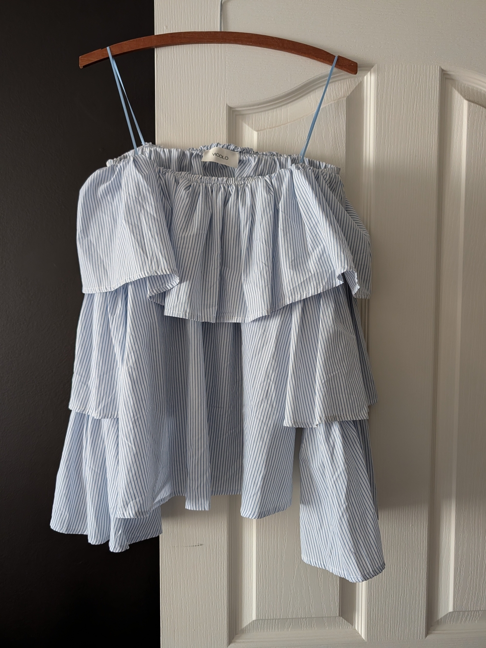 Vero Moda Light Blue & White Striped Tiered Off-Shoulder Camisole